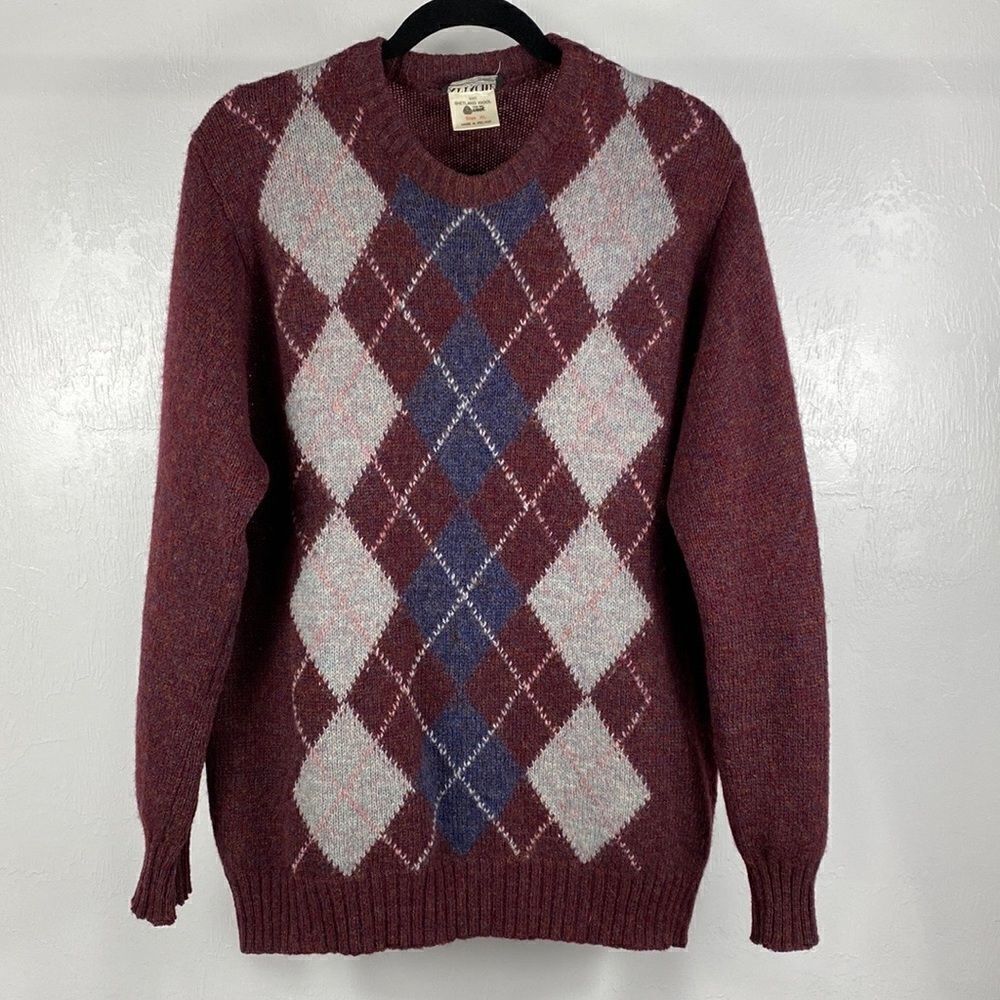 Attaché Shetland Burgundy Wool Argyle Pullover Sweater, size XL